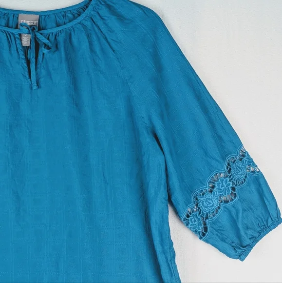 Chicos Top Womens Size (2) US L / 12 Teal Ballon Sleeve Rayon/Cotton - Picture 4 of 13